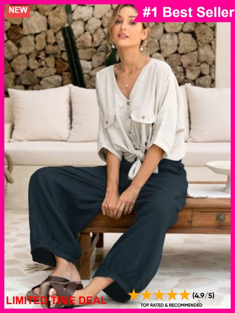 Wide Leg Palazzo Pants Lyocell Linen High Rise Smocked Waist Pockets - Picture 4 of 6